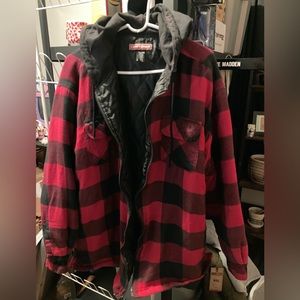 Sears Craftsman XXL Quilted Flannel Buttoned Hooded Work Jacket Red & Black XXL